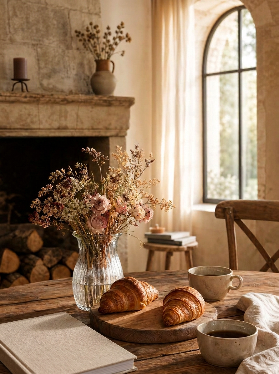 Petit-déjeuner chaleureux dans une maison d'hôtes : bouquet de fleurs, croissants, tasses et cheminée avec bûches.